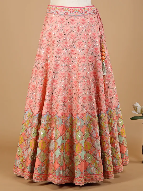 Peach silk printed lehenga choli