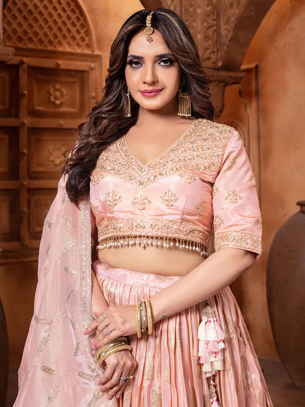Peach silk reception wear lehenga choli