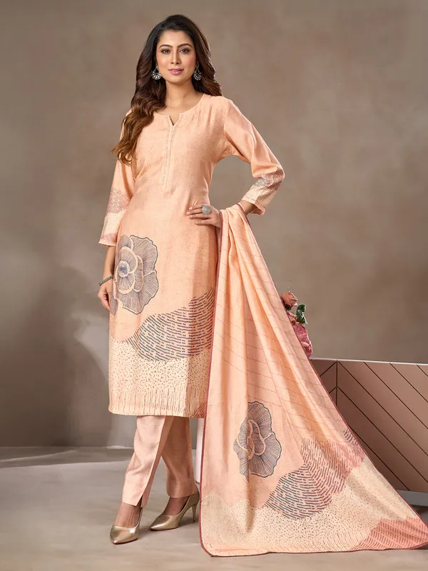 Peach silk salwar suit with floral print and sweetheart neck