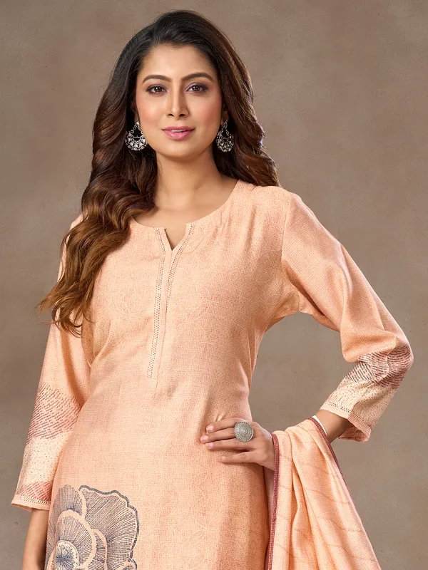 Peach silk salwar suit with floral print and sweetheart neck