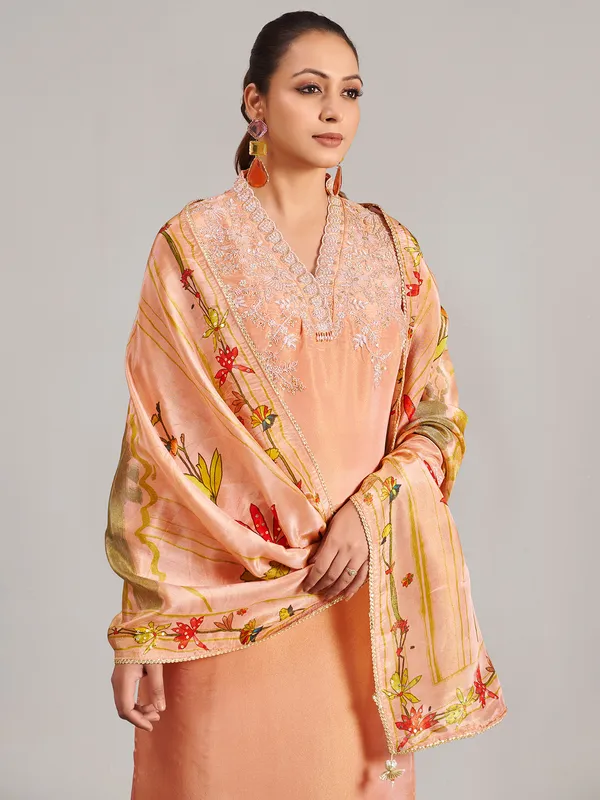 Peach silk salwar suit with printed dupatta