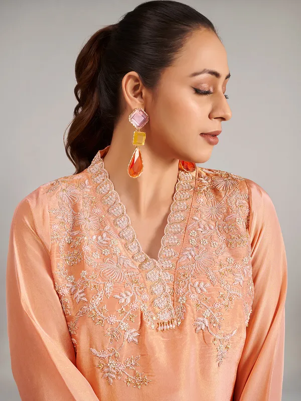 Peach silk salwar suit with printed dupatta