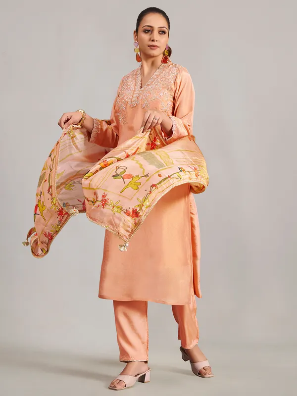 Peach silk salwar suit with printed dupatta