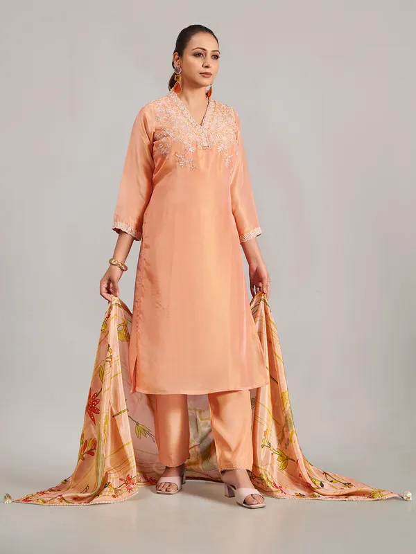 Peach silk salwar suit with printed dupatta