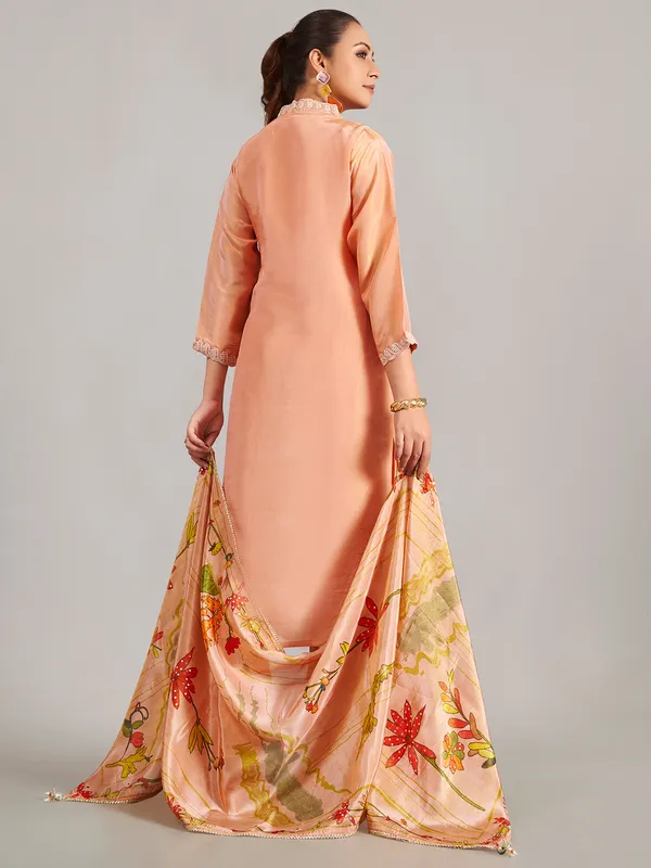 Peach silk salwar suit with printed dupatta