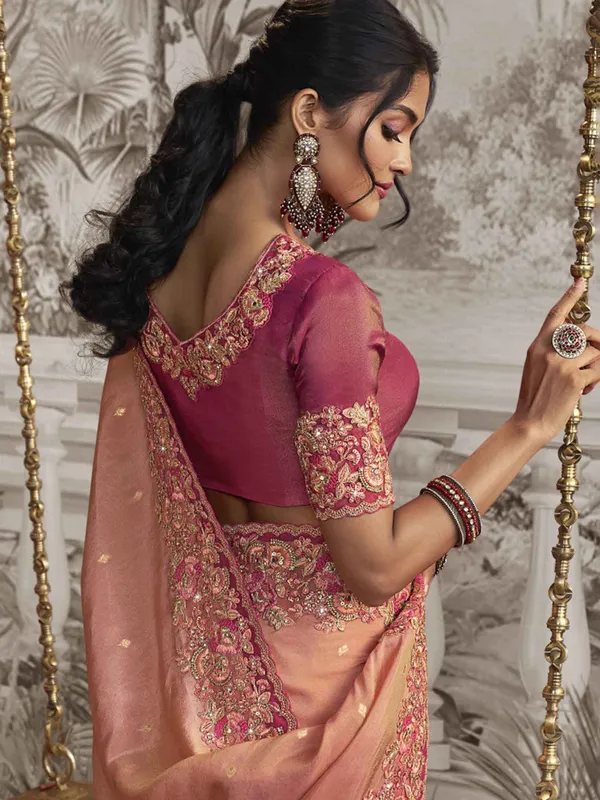 Peach silk saree for wedding for women