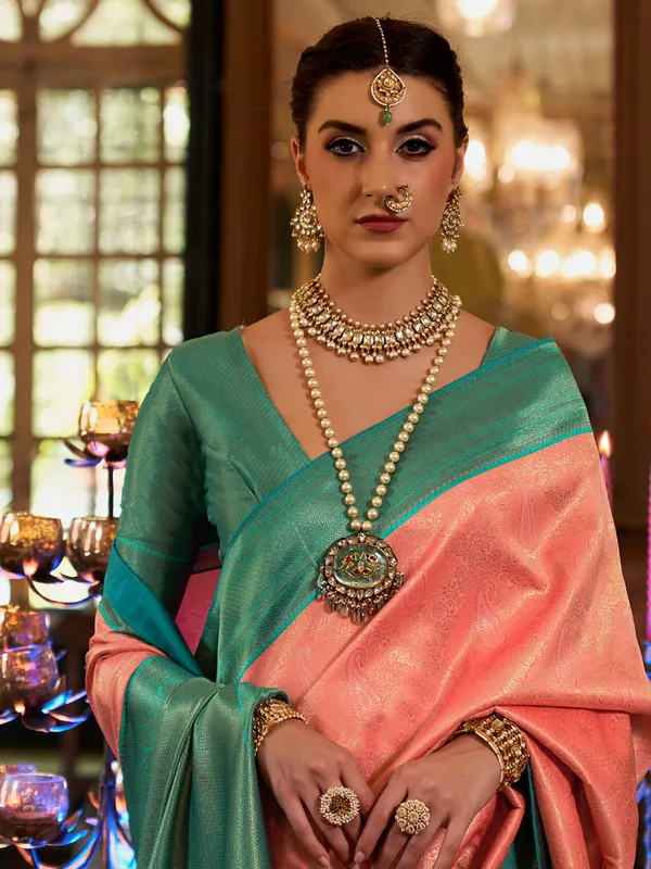 Zari weaving peach silk saree