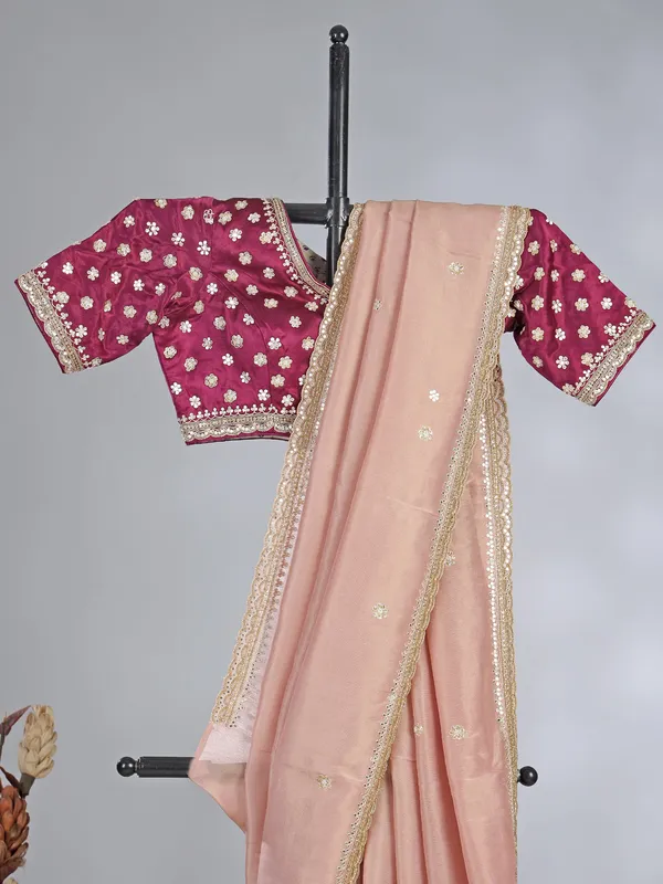 Peach silk saree with cutdana and sequins work