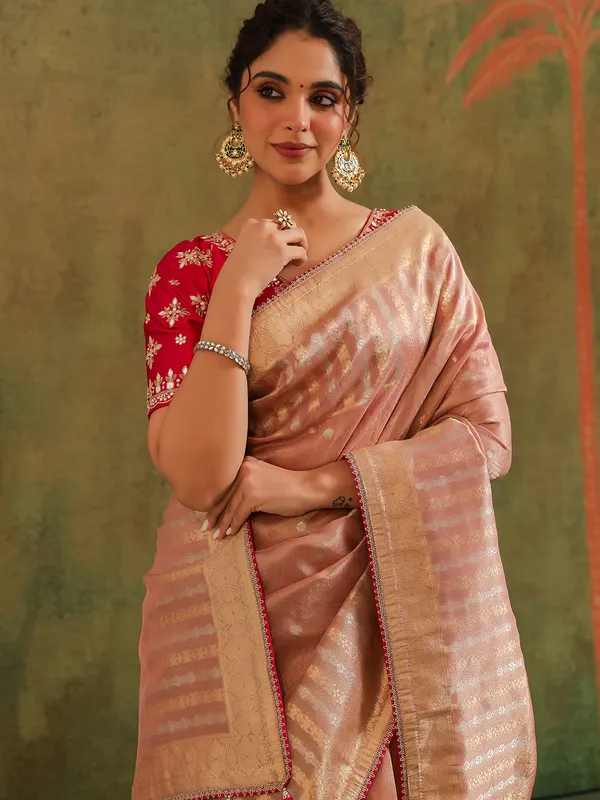 Peach silk saree with red blouse