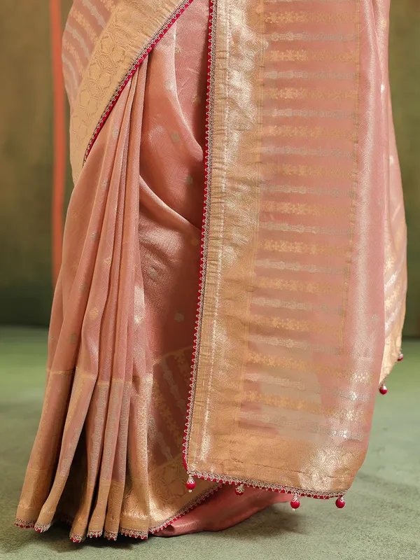 Peach silk saree with red blouse