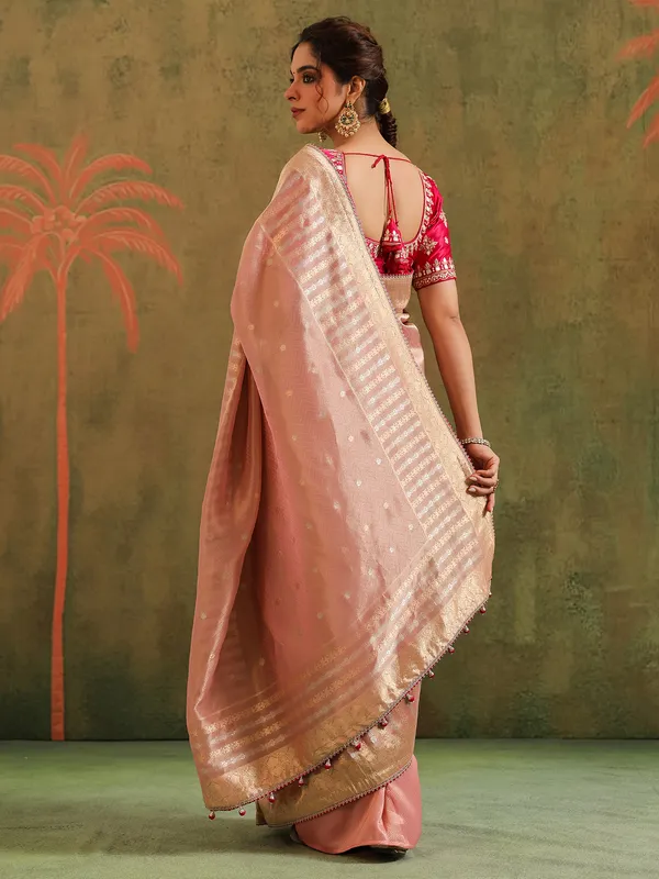 Peach silk saree with red blouse