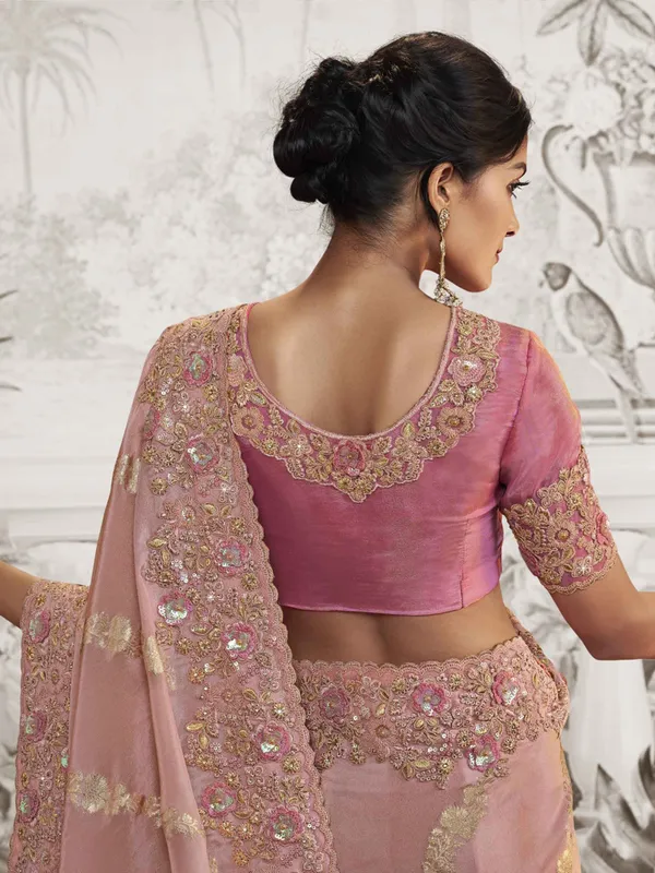 Peach silk saree with zari embellishment