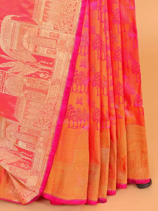 Peach silk saree with zari work