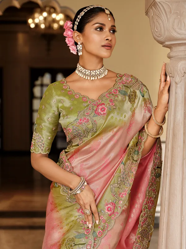 Peach silk shaded saree for wedding wear