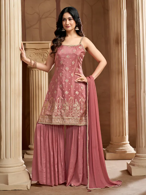 Peach silk sharara suit with cutdana detailing