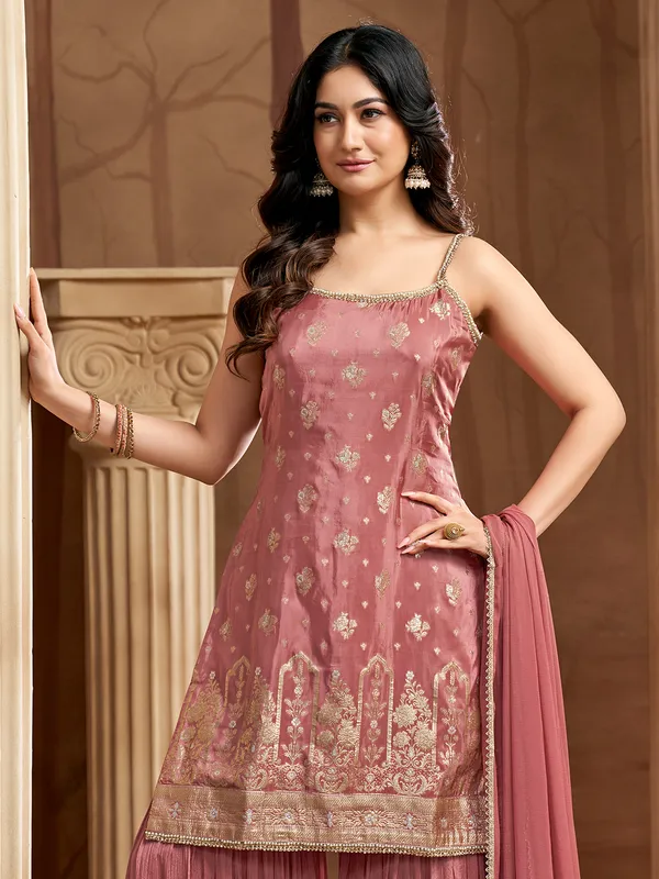 Peach silk sharara suit with cutdana detailing