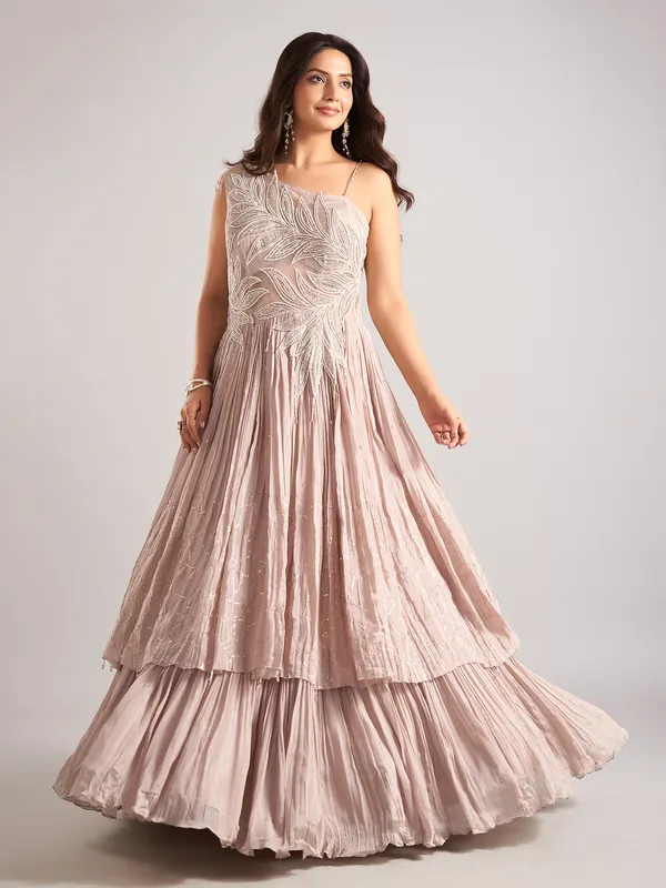 Peach silk sleeveless designer suit for women