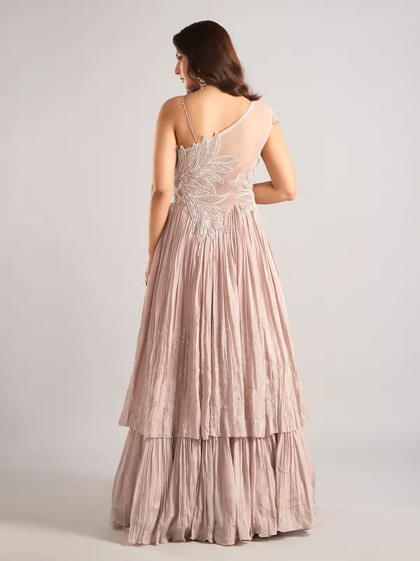 Peach silk sleeveless designer suit for women