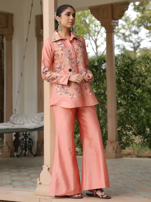 Peach silk tencel embroidery co-ord set