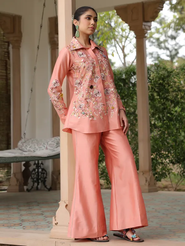 Peach silk tencel embroidery co-ord set