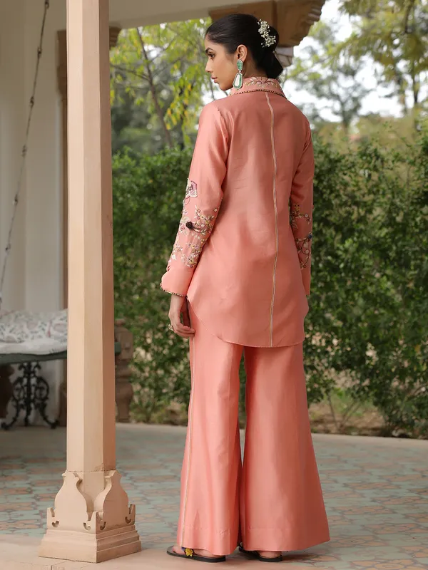 Peach silk tencel embroidery co-ord set
