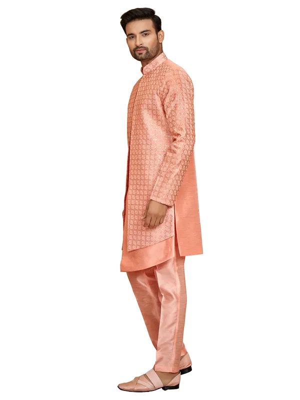 Peach silk wedding look indowestern