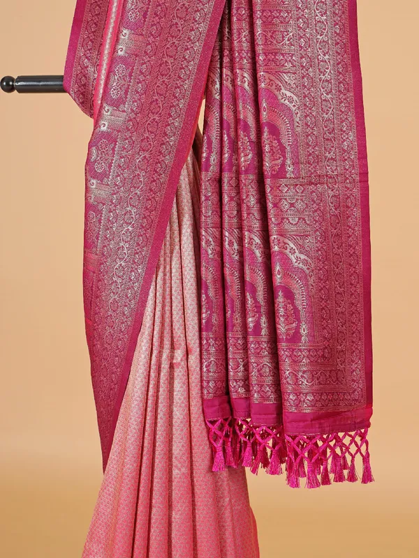 Peach silk wedding saree with zari work