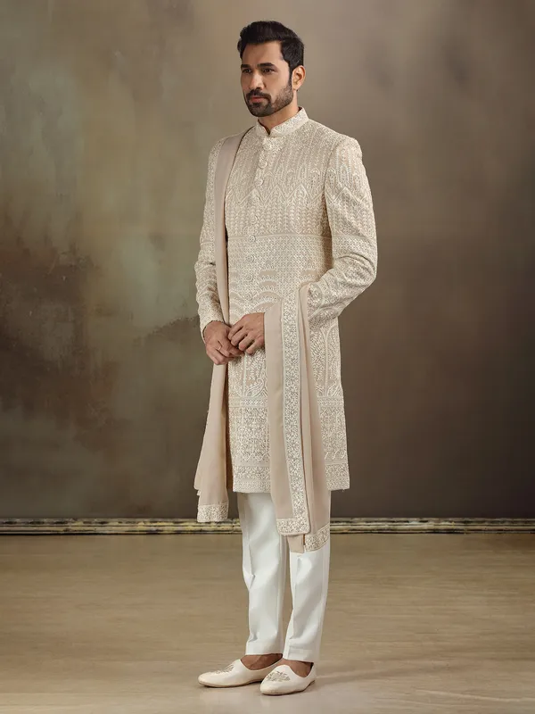 Peach silk wedding wear sherwani with dupatta for mens