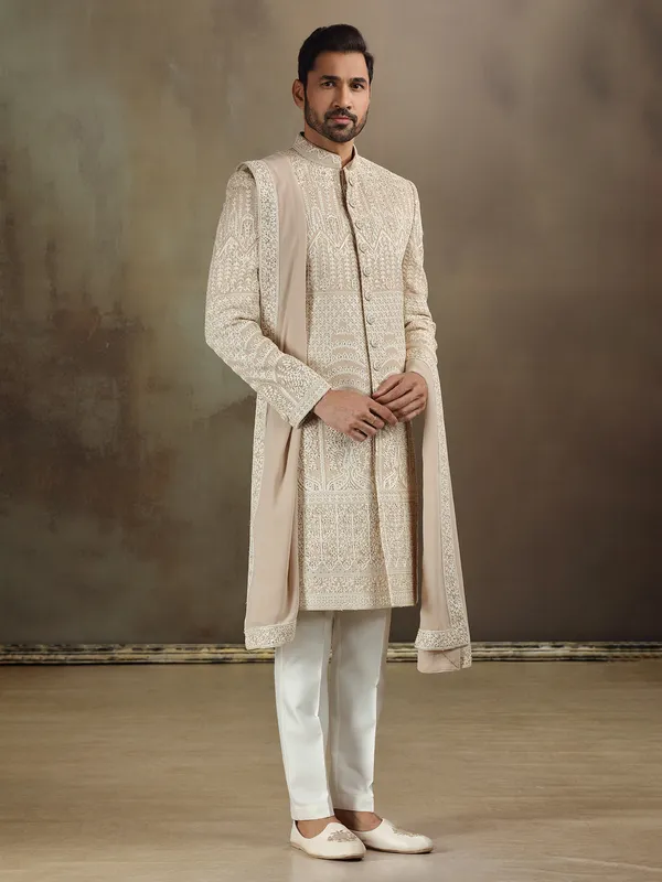 Peach silk wedding wear sherwani with dupatta for mens