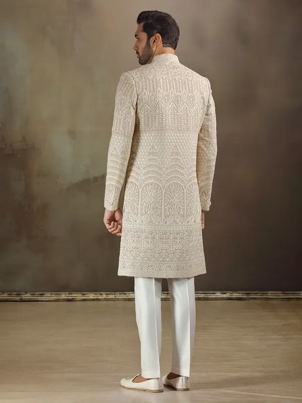 Peach silk wedding wear sherwani with dupatta for mens