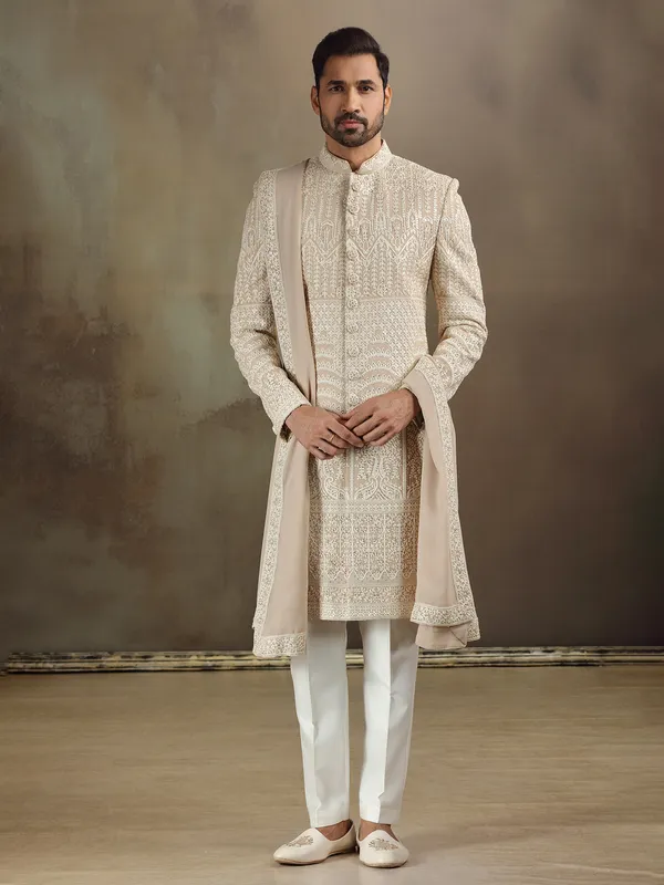 Peach silk wedding wear sherwani with dupatta for mens