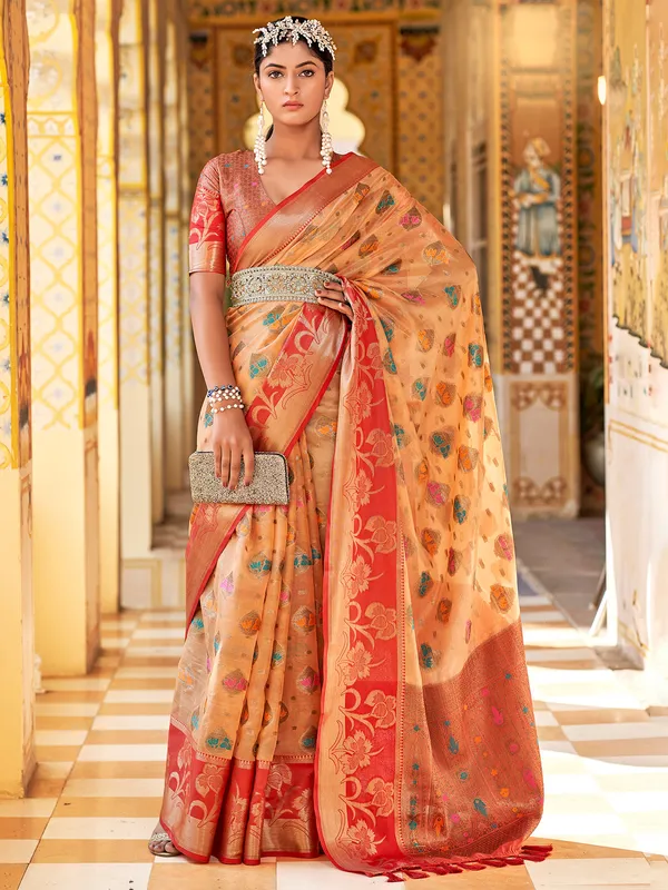 Peach silk zari weaving saree