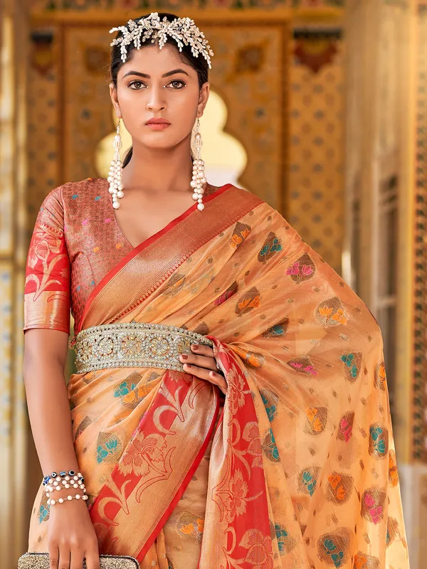 Peach silk zari weaving saree