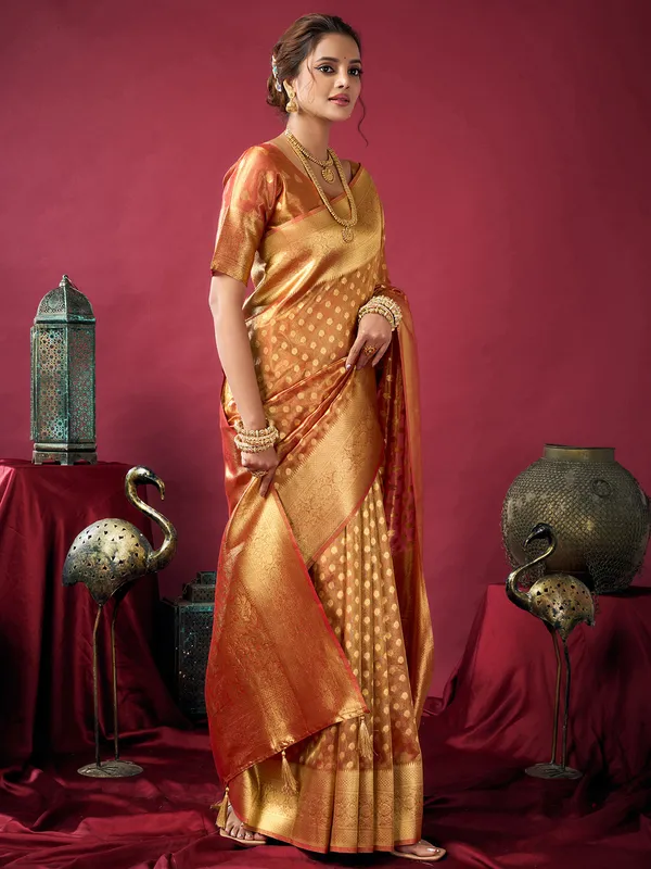 Peach silk zari worked saree for festival