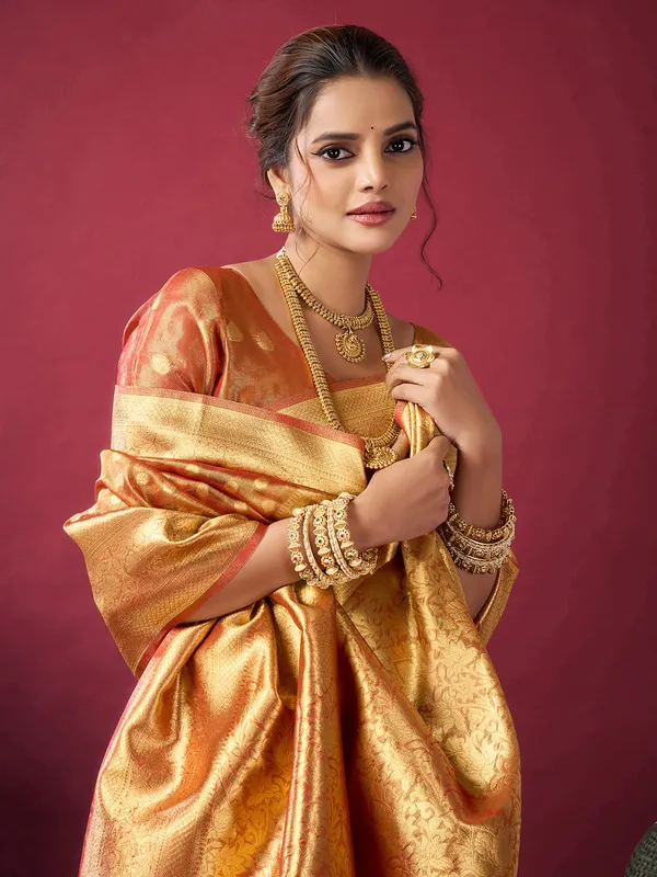 Peach silk zari worked saree for festival