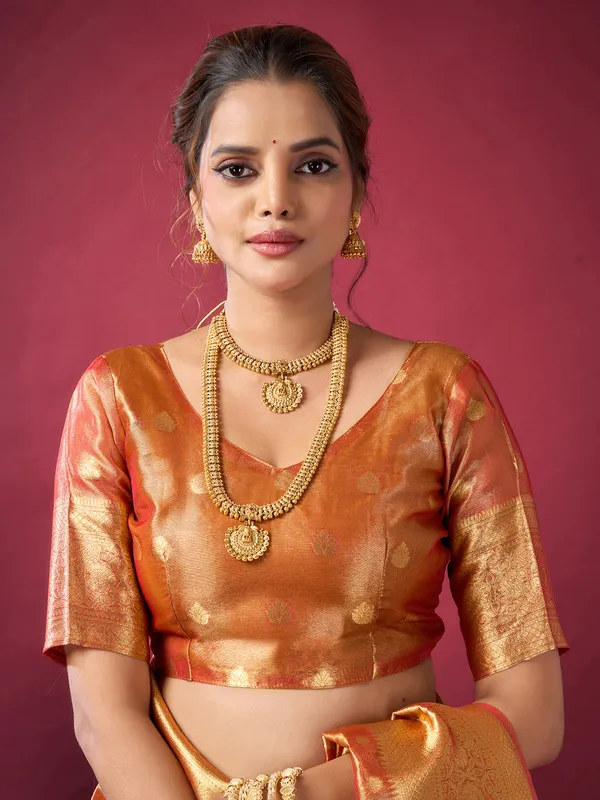 Peach silk zari worked saree for festival