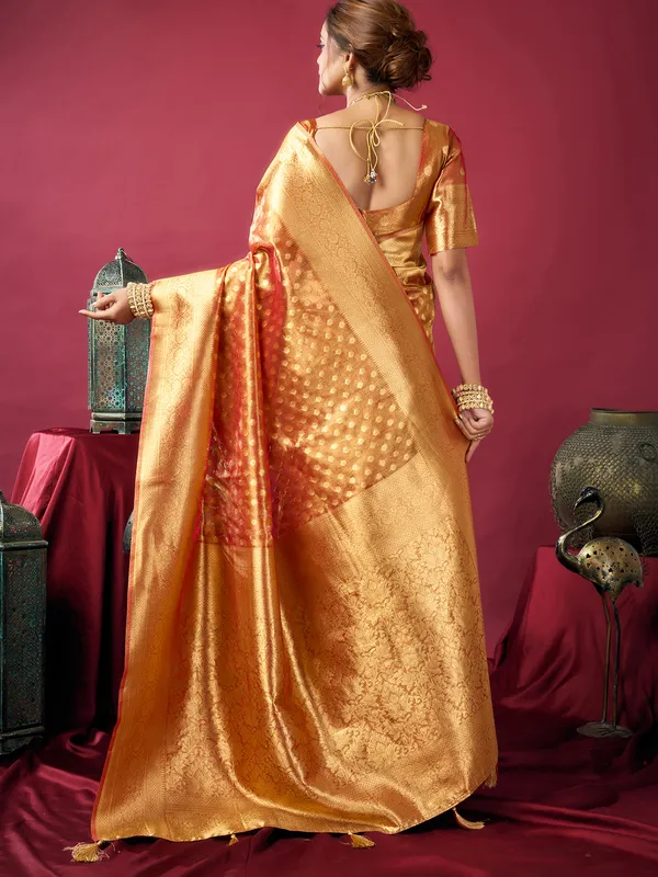 Peach silk zari worked saree for festival