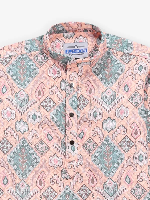 Peach textured cotton silk kurta suit for boys
