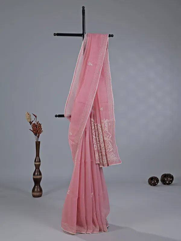 Peach thread worked cotton silk saree