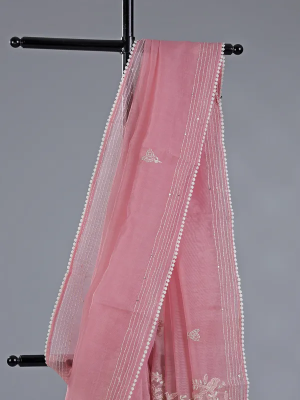 Peach thread worked cotton silk saree