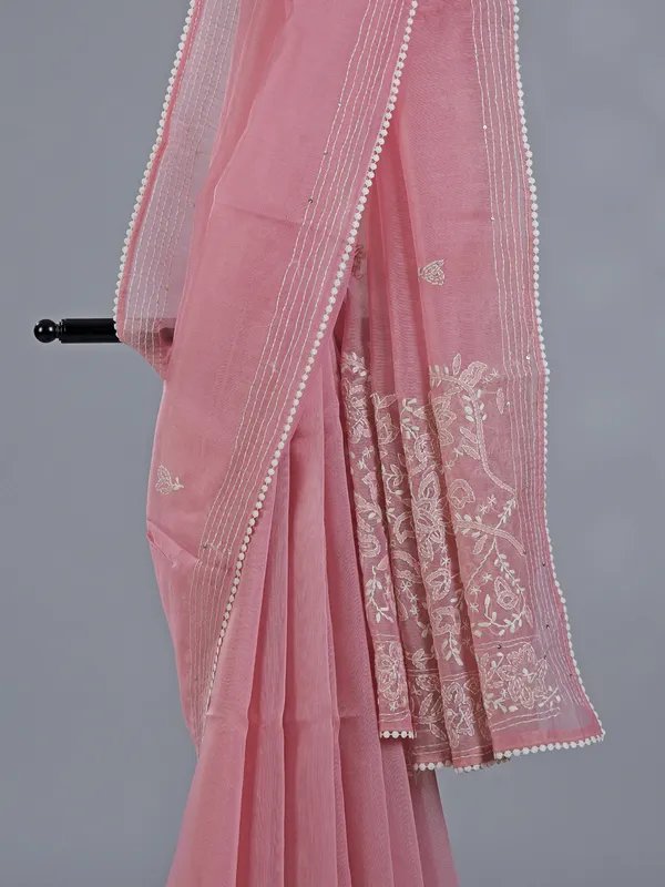 Peach thread worked cotton silk saree
