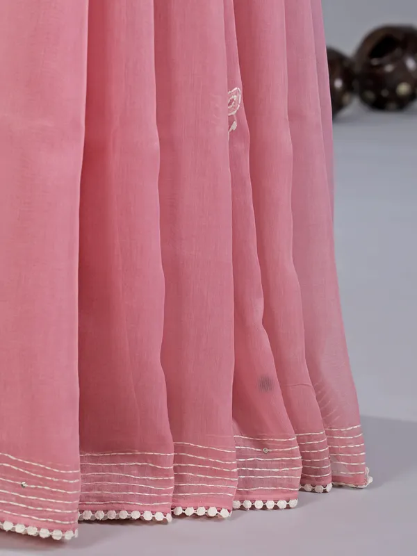Peach thread worked cotton silk saree