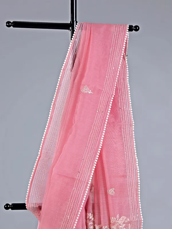 Peach thread worked cotton silk saree