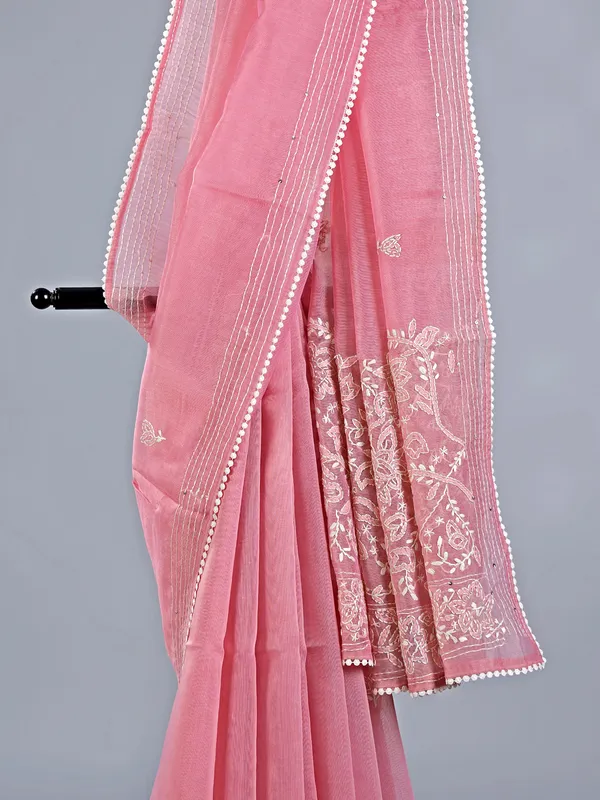 Peach thread worked cotton silk saree