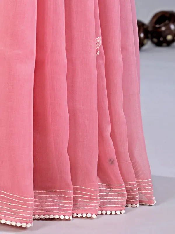 Peach thread worked cotton silk saree