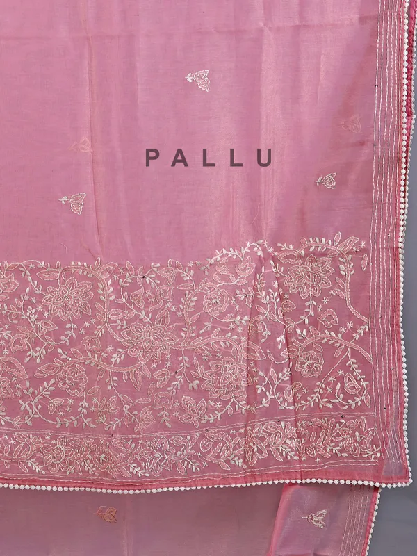 Peach thread worked cotton silk saree