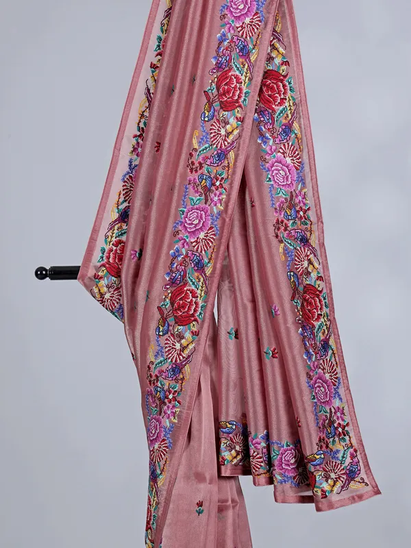 Peach tissue saree with printed birds