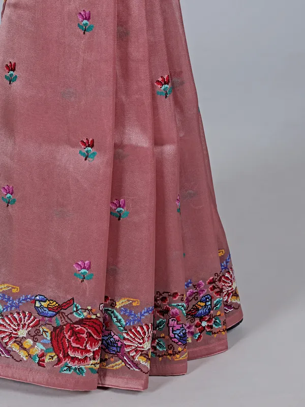 Peach tissue saree with printed birds