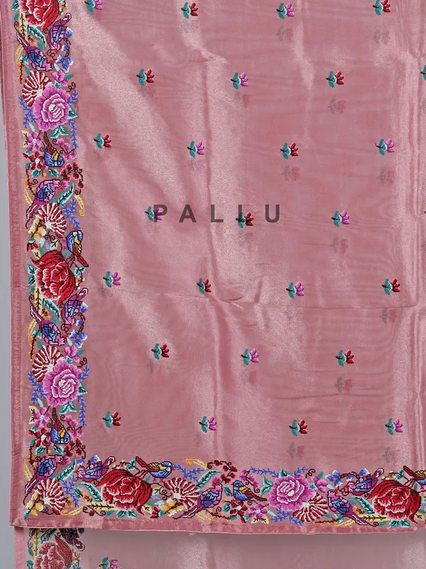 Peach tissue saree with printed birds