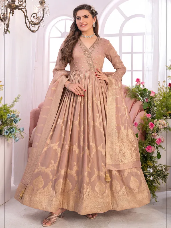 Peach tissue silk anarkali suit for wedding